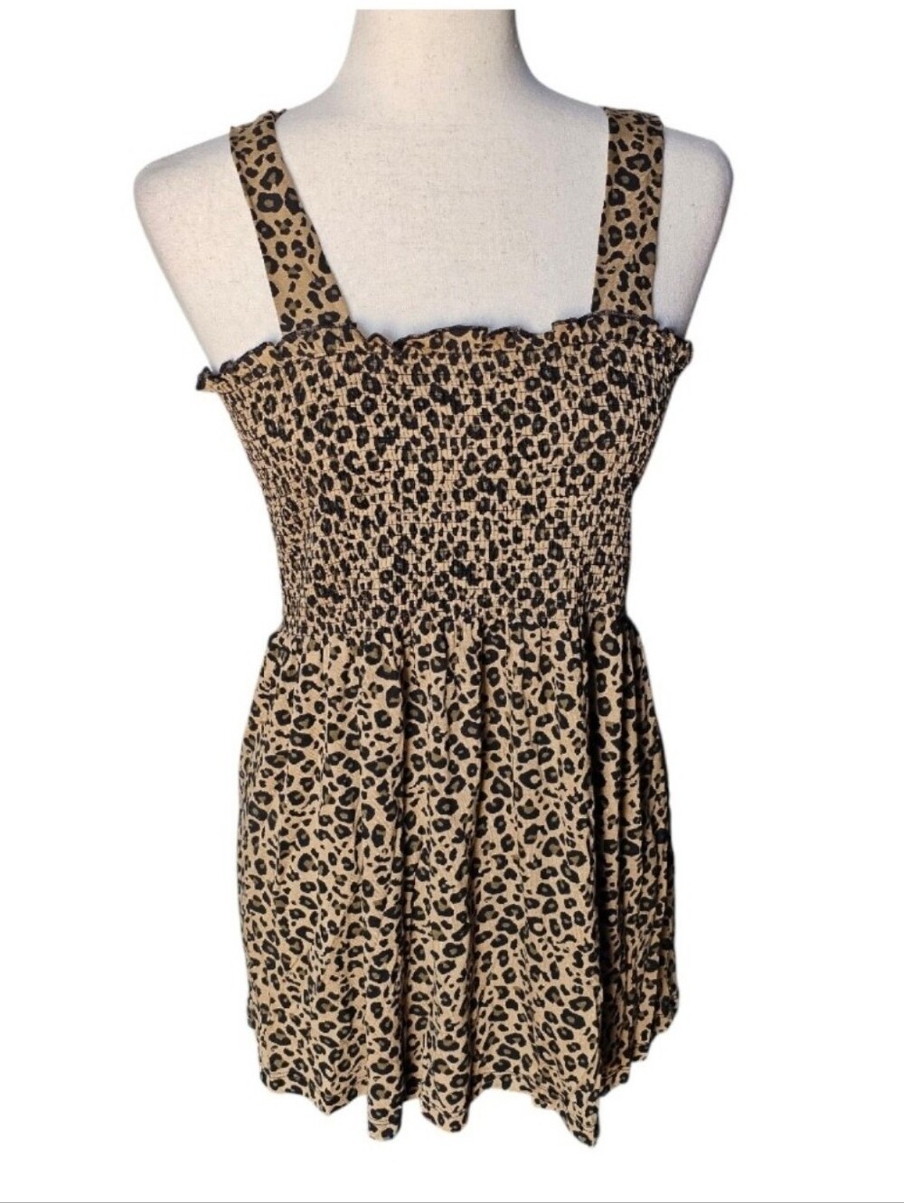VENUS Leopard-Print Smocked Top in Tan & Black